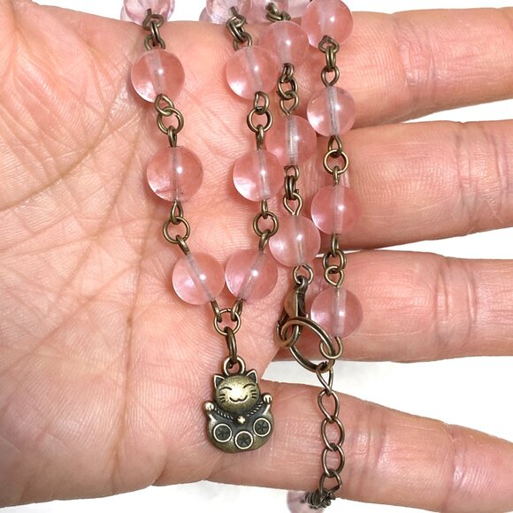 Cute Cherry Quartz Bronze Fortune Cat Adjustable Pendant Choker - Picture 16 of 16